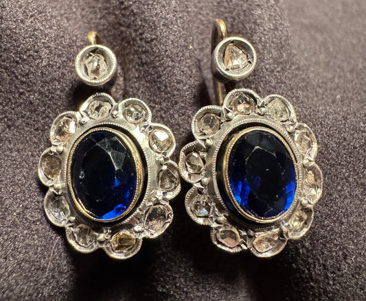 BOUCLES D’OREILLES XIX ème dites « POMPADOUR » - argent, or, saphirs et roses de diamants