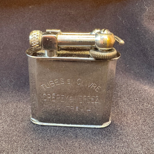 Briquet publicitaire ancien à essence - « Tubes en cuivre - CREPEY&VERDEZ Montreuil »