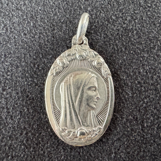 Médaille religieuse ancienne Art déco en argent « Sainte Vierge »