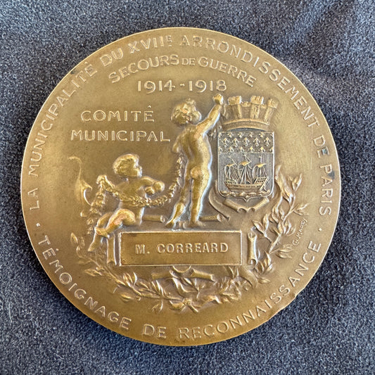 Médaille artistique ancienne en bronze « secours de guerre 1918 - Paris 17e arrondissement »