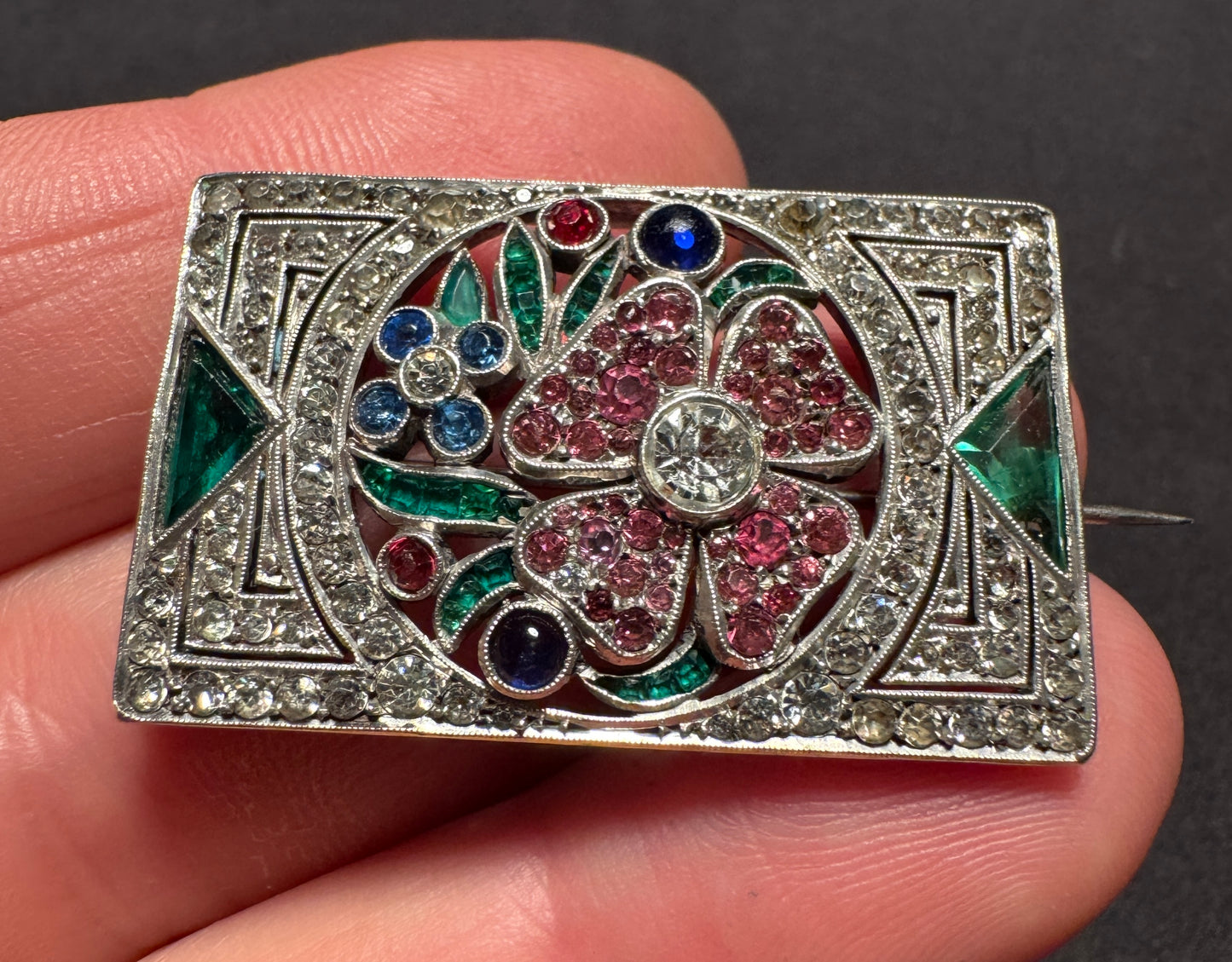 Superbe broche art deco « trèfle à 4 feuilles » argent sterling et pierres